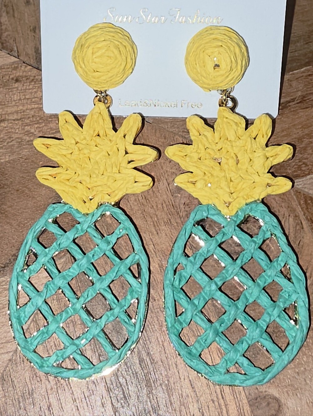 Yellow & Green Pineapple Drop Rafia Statement Earrings With Gold-Toned Metal